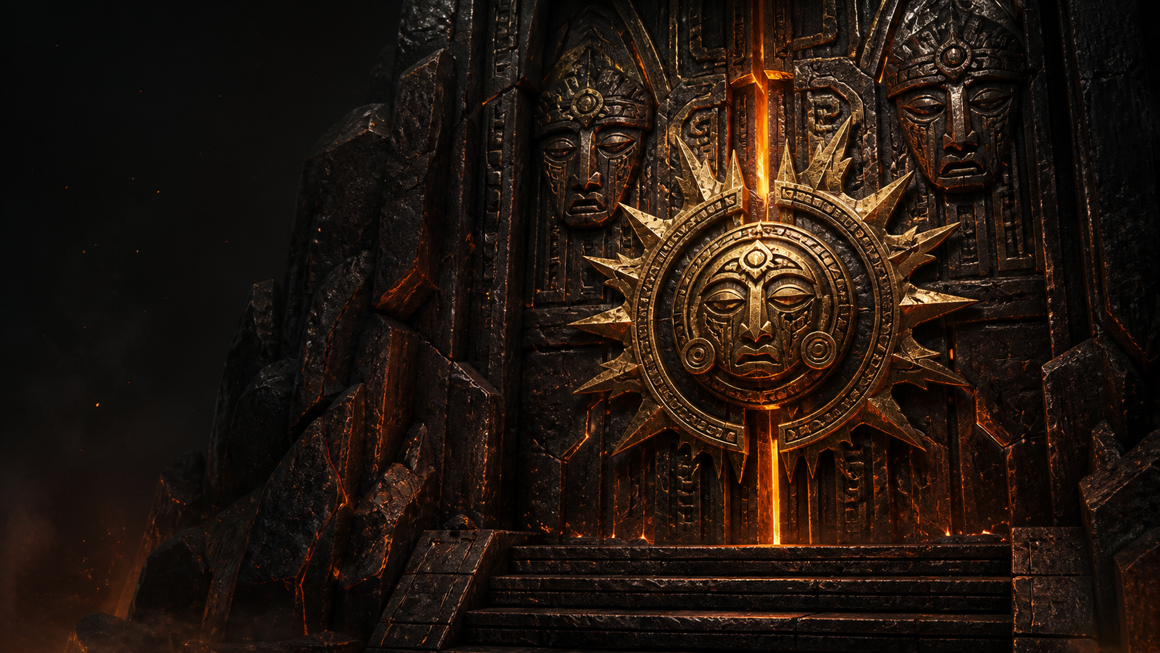 An original obsidian archive gate with bronze sun relics and amber firelight